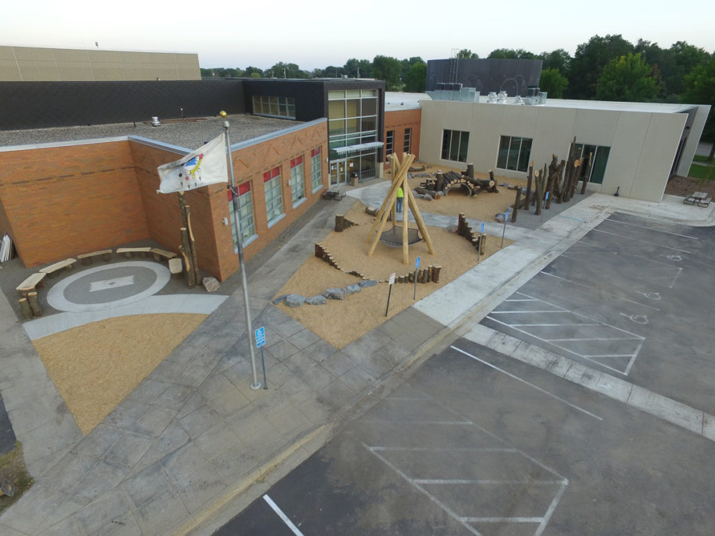 Overhead view of the 3 nature play areas in front of the Community Cultural Center
