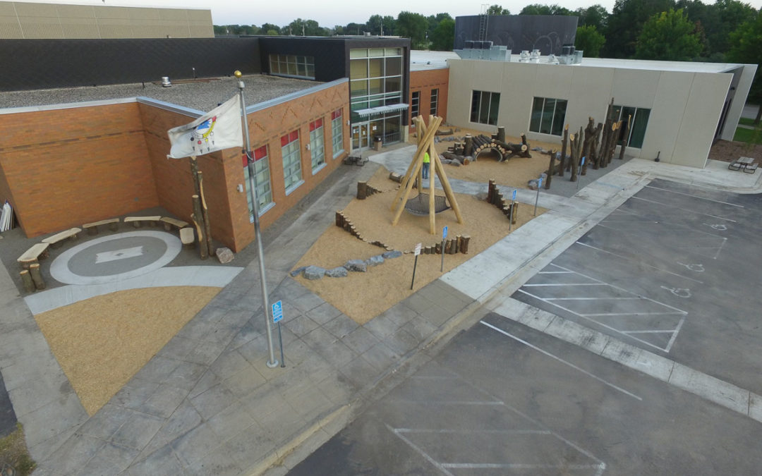 Overhead view of the 3 nature play areas in front of the Community Cultural Center